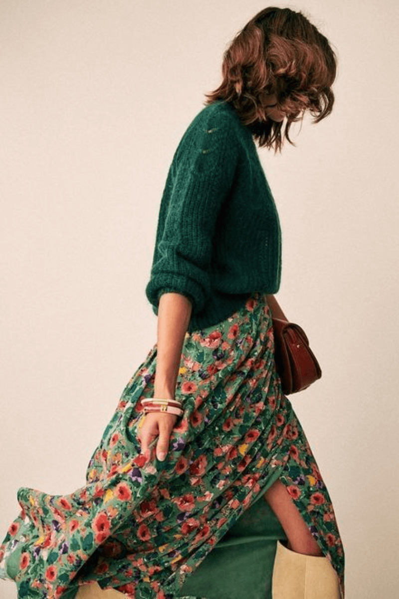 look sezane jupe verte fleurs